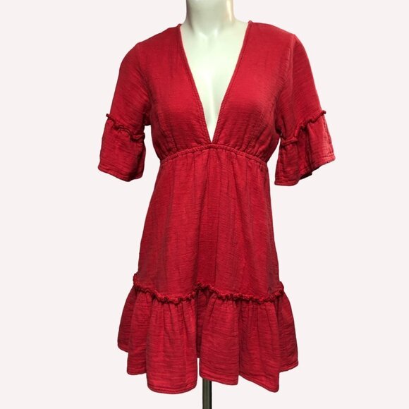 Billabong Red Sincerely Jules Lovers Wish V Neck Mid Thigh Dress Size Small - Picture 2 of 12